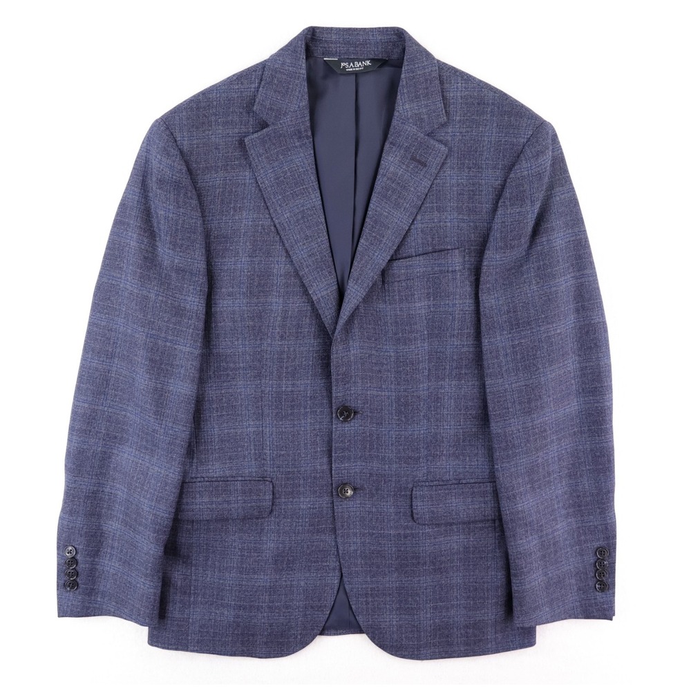Jos A Bank Traveler Blazer Sport Coat Size 38S Slim Fit 100% Wool Blue Plaid